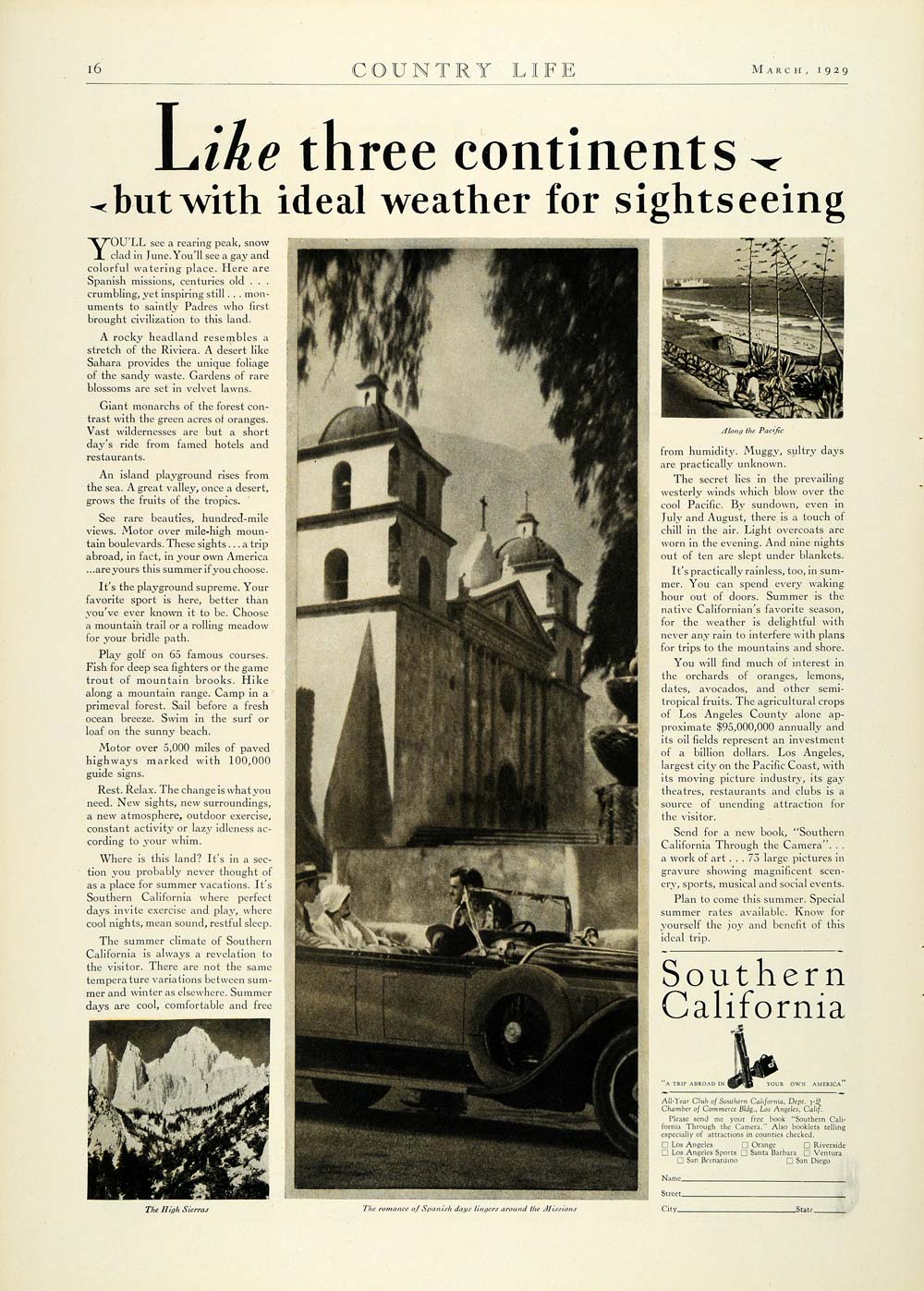 1929 Ad All Year Club Southern California Tourism Sightseeing Spanish COL2