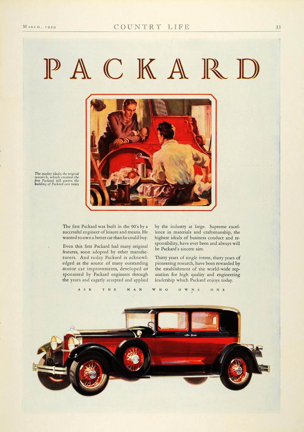 1929 Ad Antique Packard Automobile Craftsmen Mechanics Ask the Man Who Owns COL2