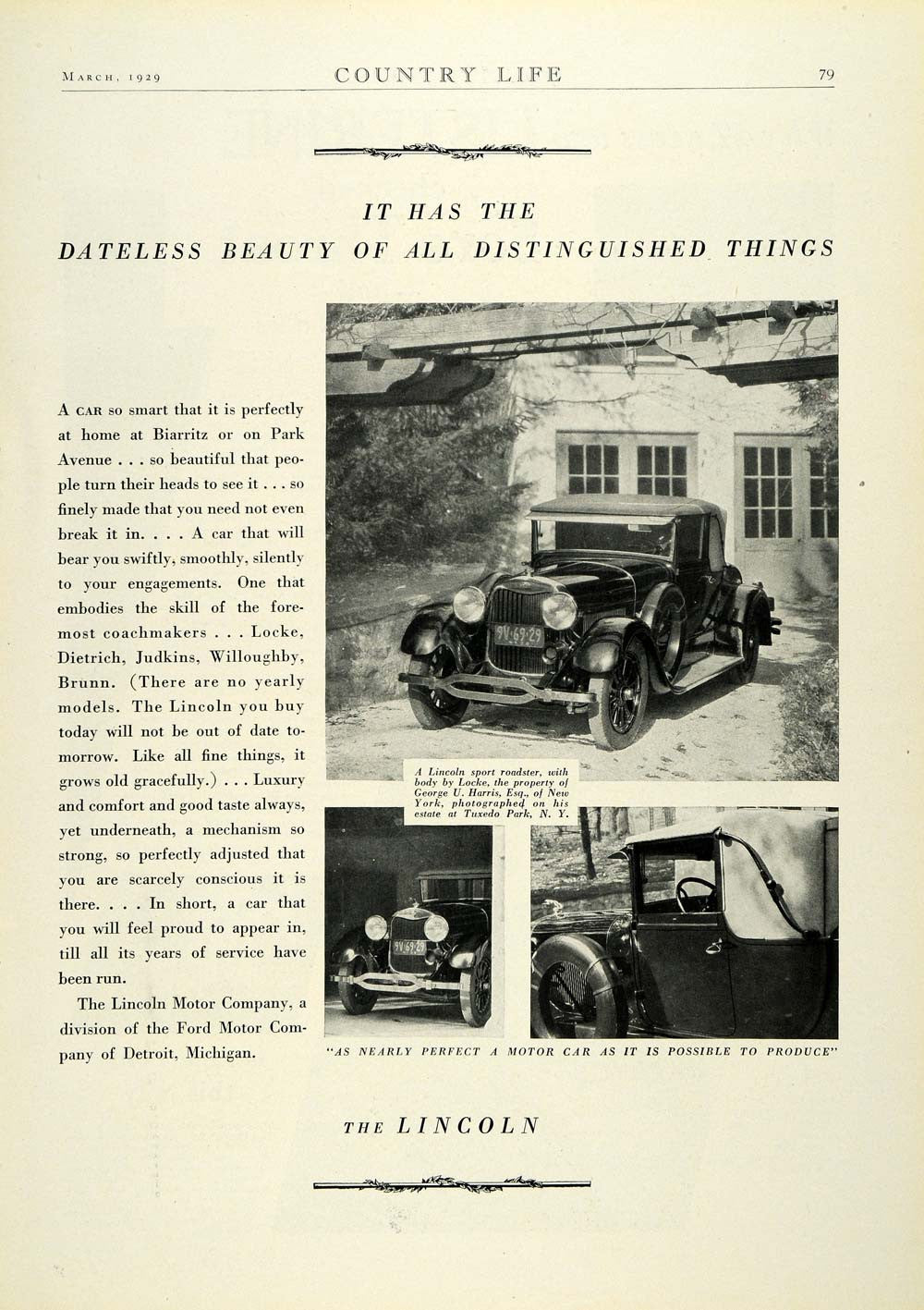1929 Ad Antique Lincoln Sport Roadster Locke Car Body George U. Harris Home COL2