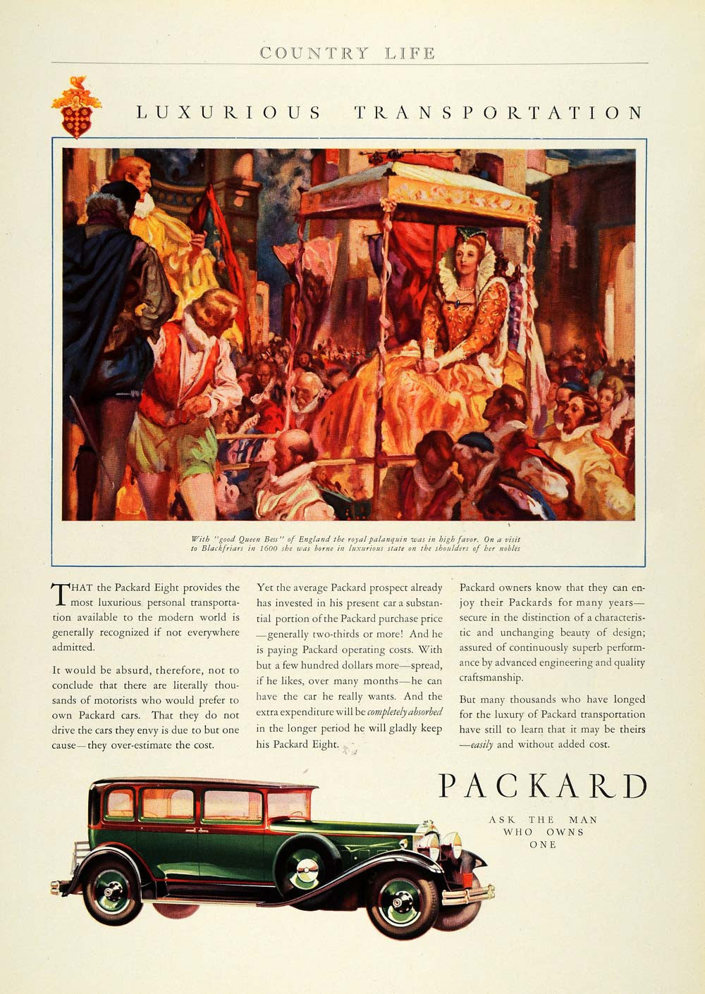 1930 Ad Antique Packard Eight Car England Queen Elizabeth I Royalty Litter COL2 - Period Paper
