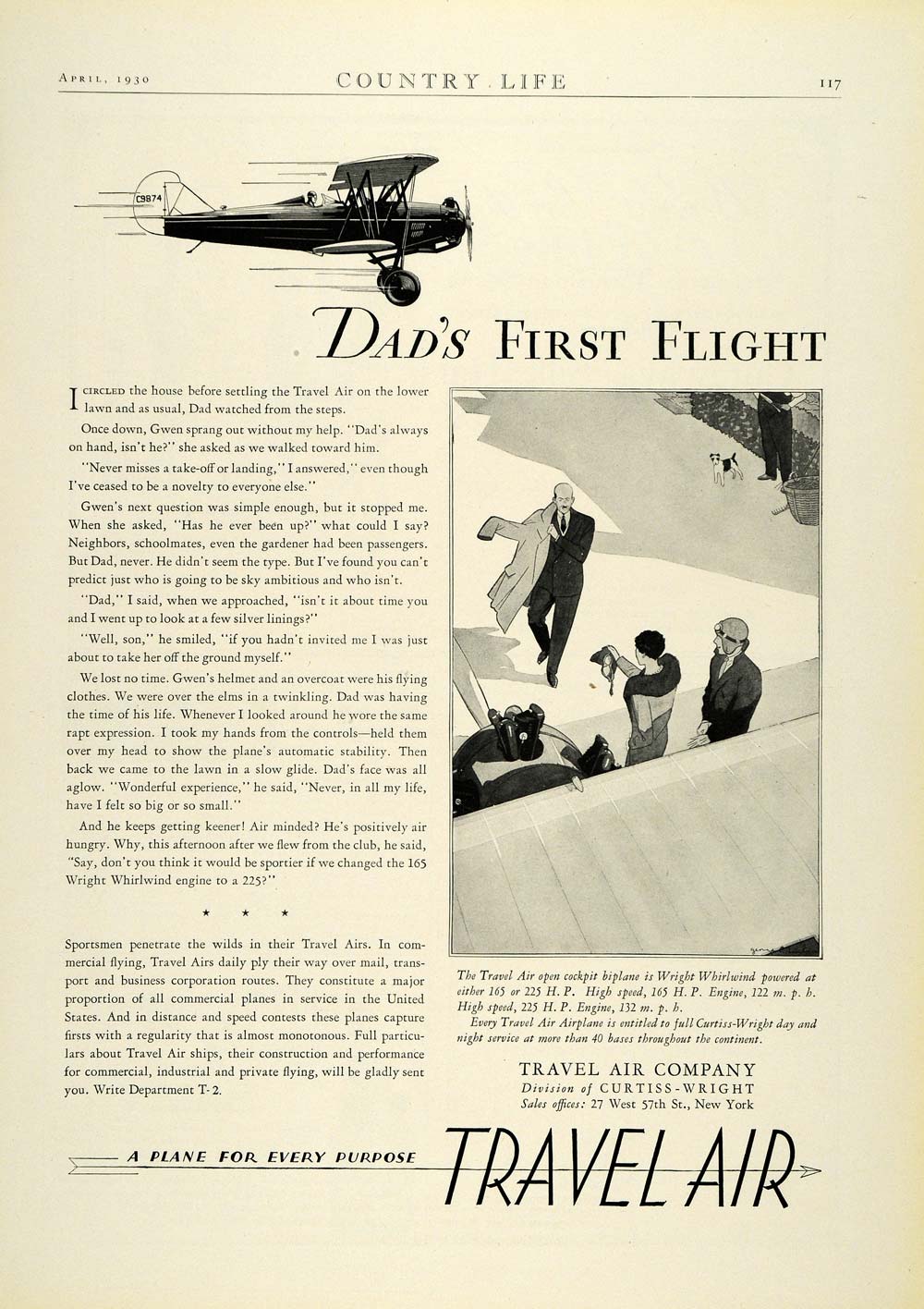 1930 Ad Travel Air Curtiss Wright Private Whirlwind Biplane Dad Pilot Gwen COL2