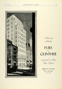 1929 Ad Gunther Fur Fashion Clothing 666 Fifth Avenue New York Retail Store COL2