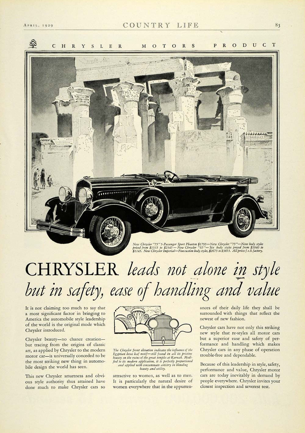 1929 Ad Antique Chrysler 75 Sport Phaeton Convertible Karnak Temple Egypt COL2