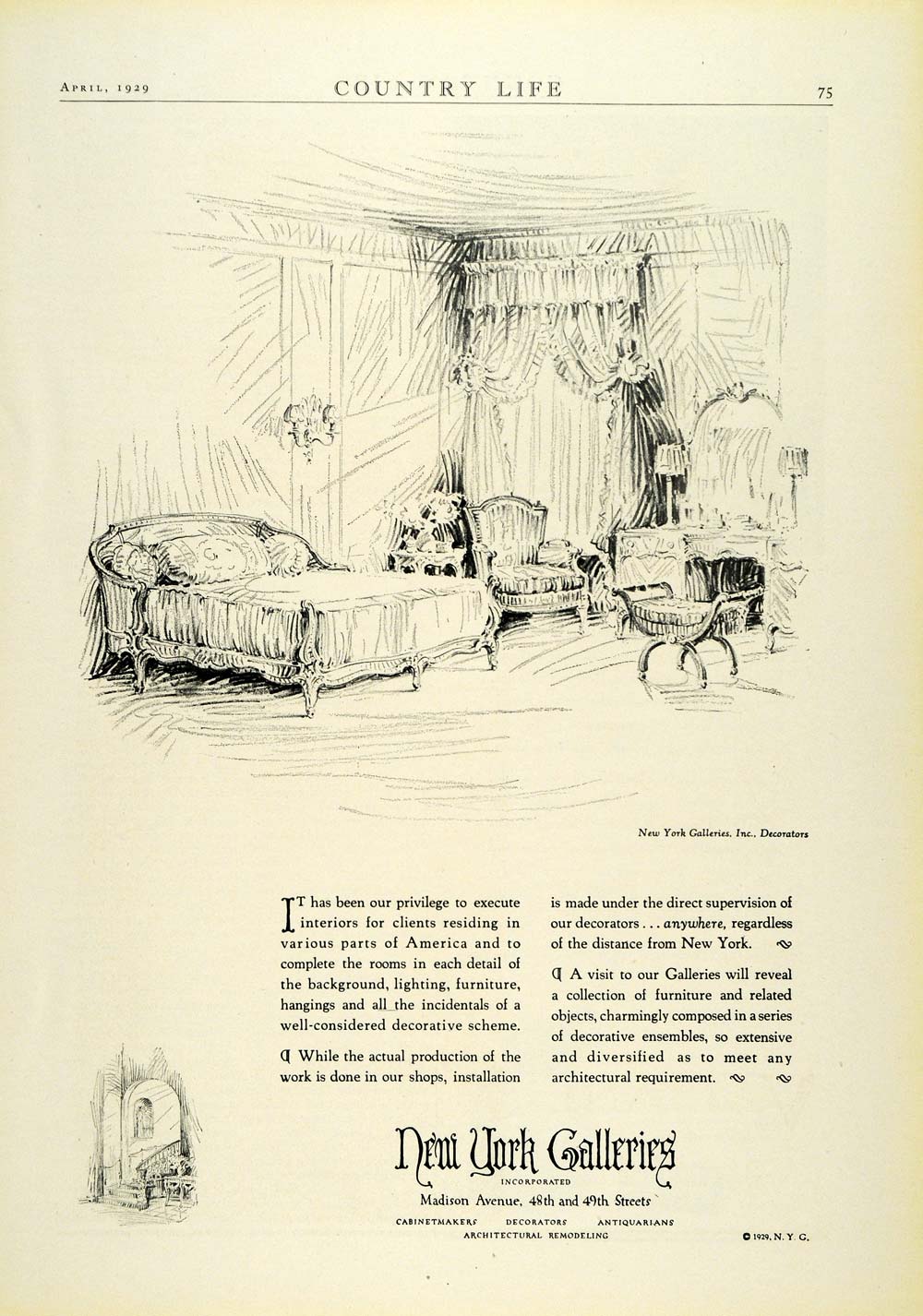 1929 Ad New York Galleries Interior Design Decoration Redecorating Bedroom COL2