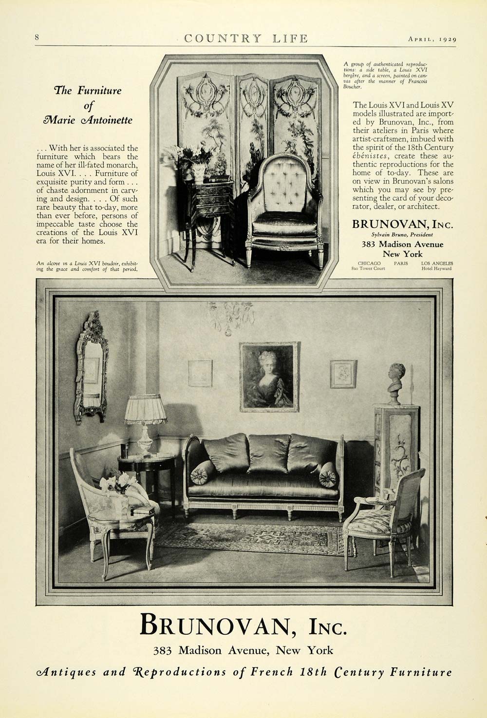 1929 Ad Brunovan French 18th Century Louis XVI XV Furniture Marie COL2