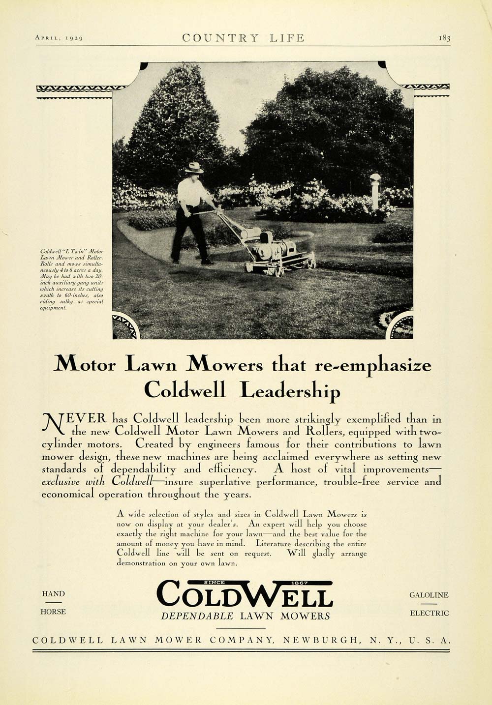 1929 Ad Coldwell L Twin Power Push Lawn Mower Landscaping Maintenance Tools COL2