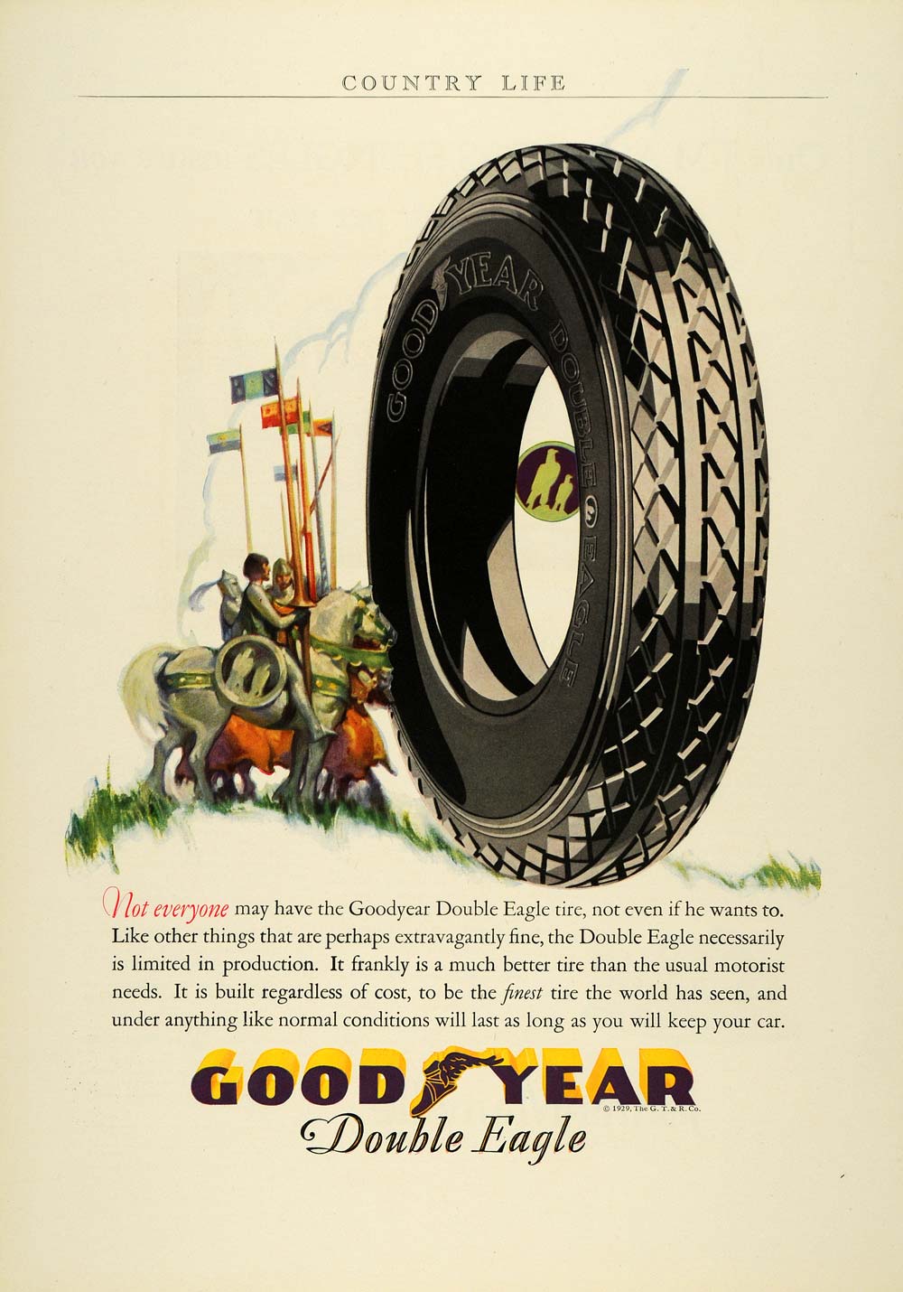1929 Ad Goodyear Rubber Double Eagle Tire Car Parts Medieval