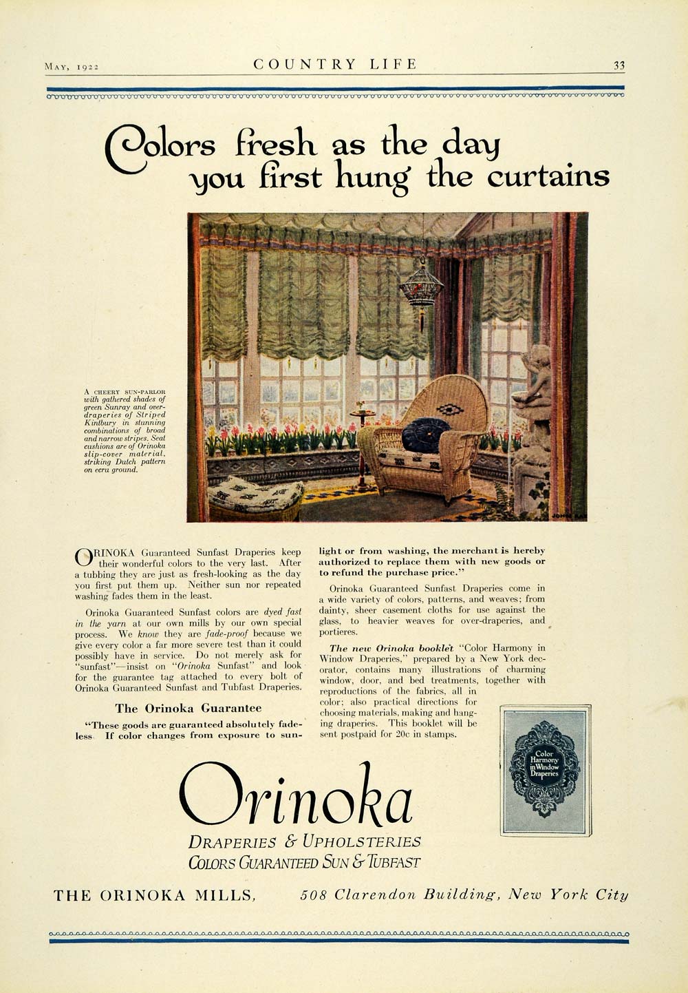 1922 Ad Orinoka Draperies Upholstery Home Decor Wicker Furniture Window COL2