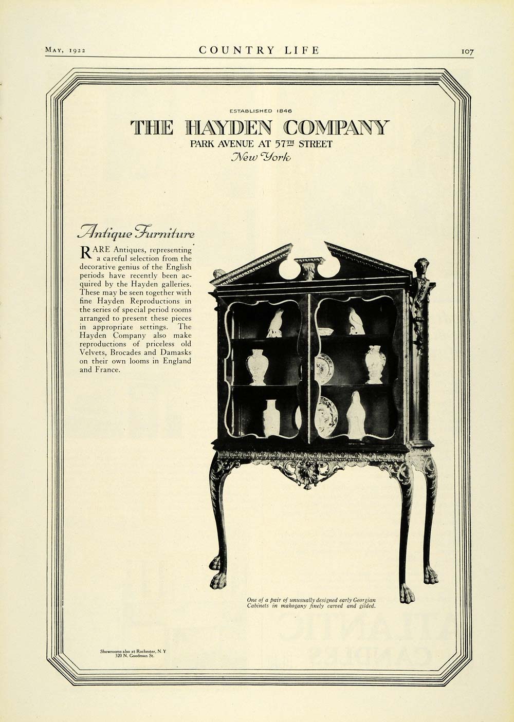 1922 Ad Hayden Antique English Furniture Georgian Mahogany China Cabinet COL2