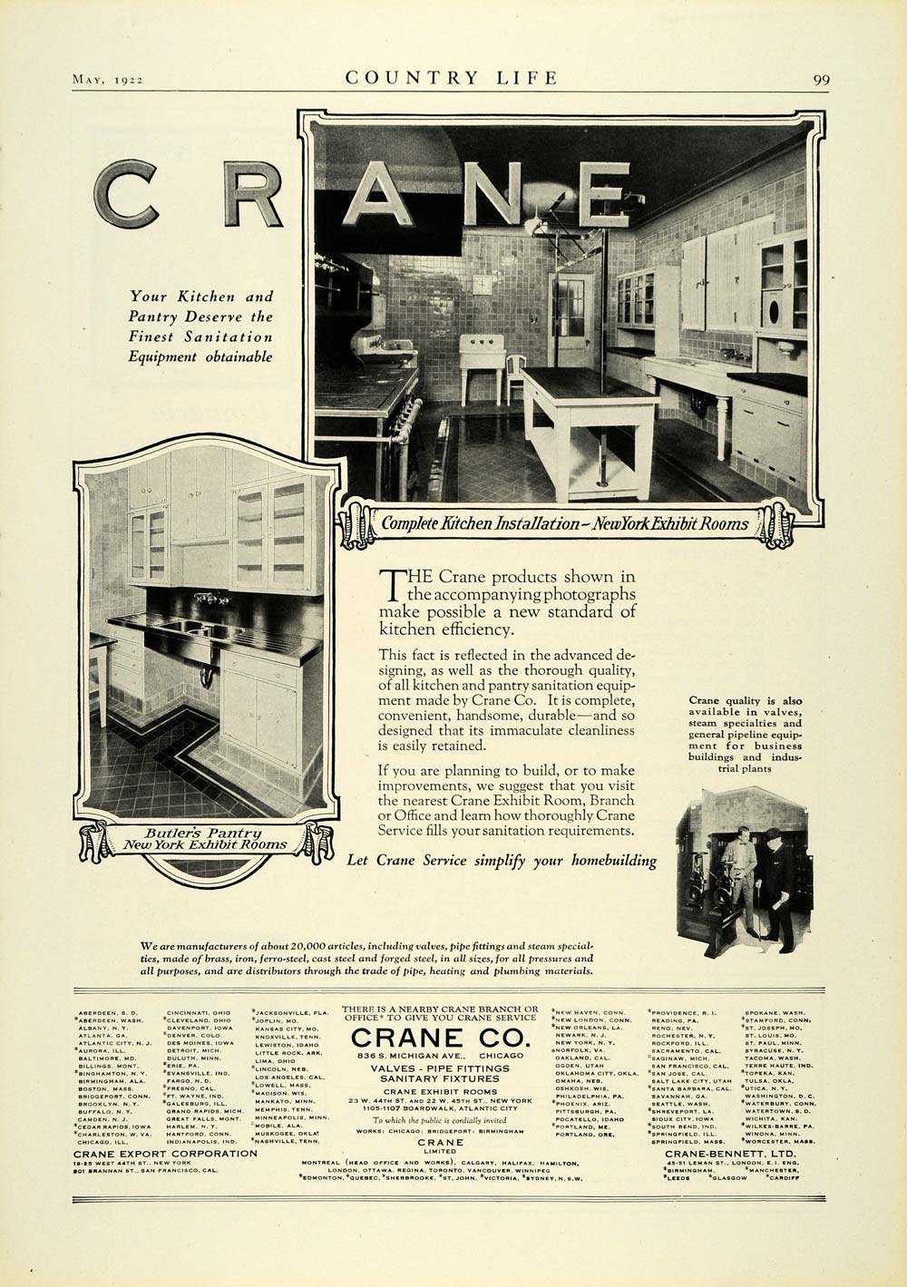 1922 Ad Crane Kitchen Butlers Pantry Plumbing Fixtures Valves Pipe Fittings COL2
