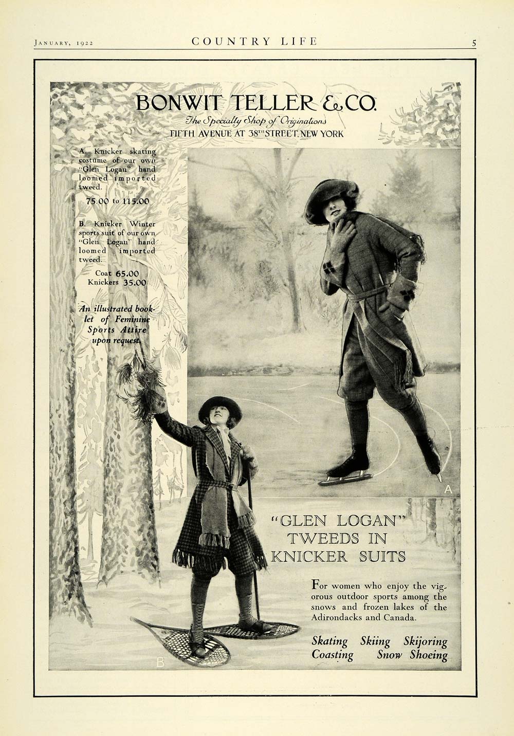 1922 Ad Bonwit Teller Glen Logan Tweeds Knicker Suits Snow Shoeing Ice COL2