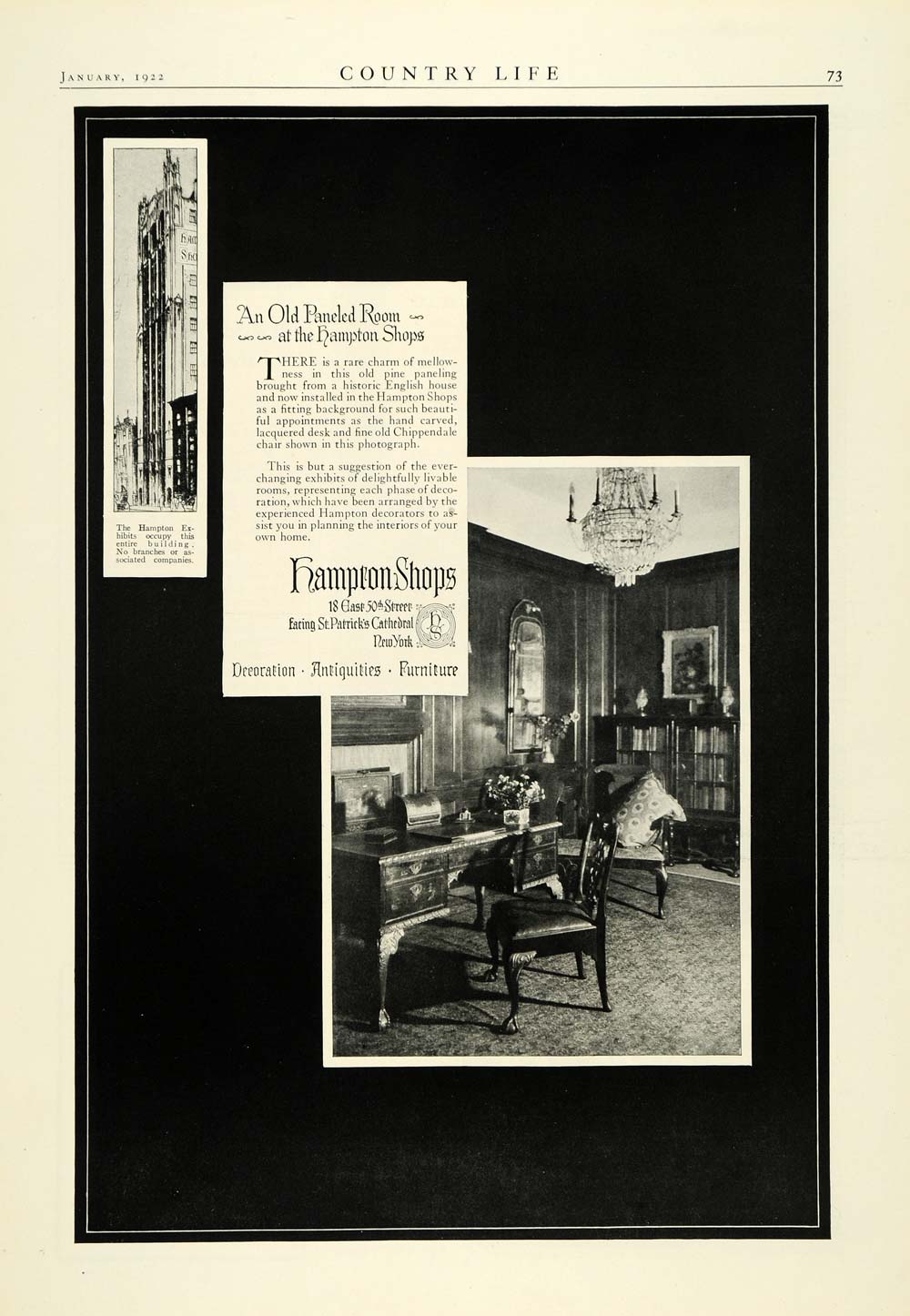 1922 Ad Hampton Shops Antiques Paneled Room Home Interior Decoration COL2