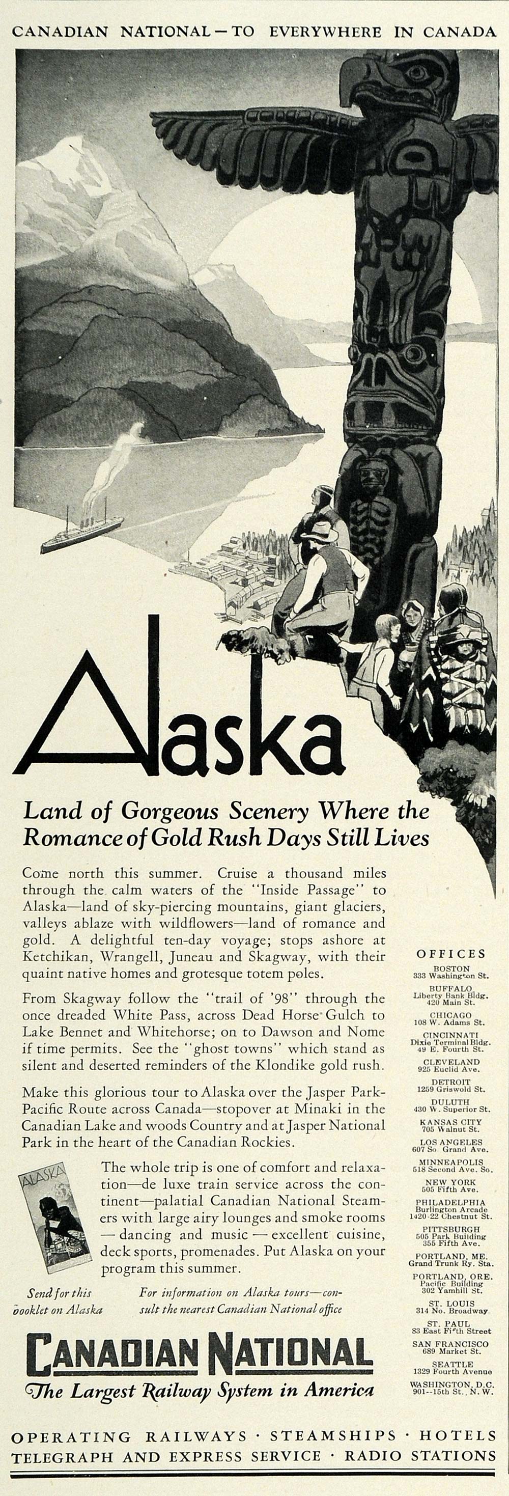 1929 Ad Canadian National Railway Alaska Train Travel Native American Totem COL2