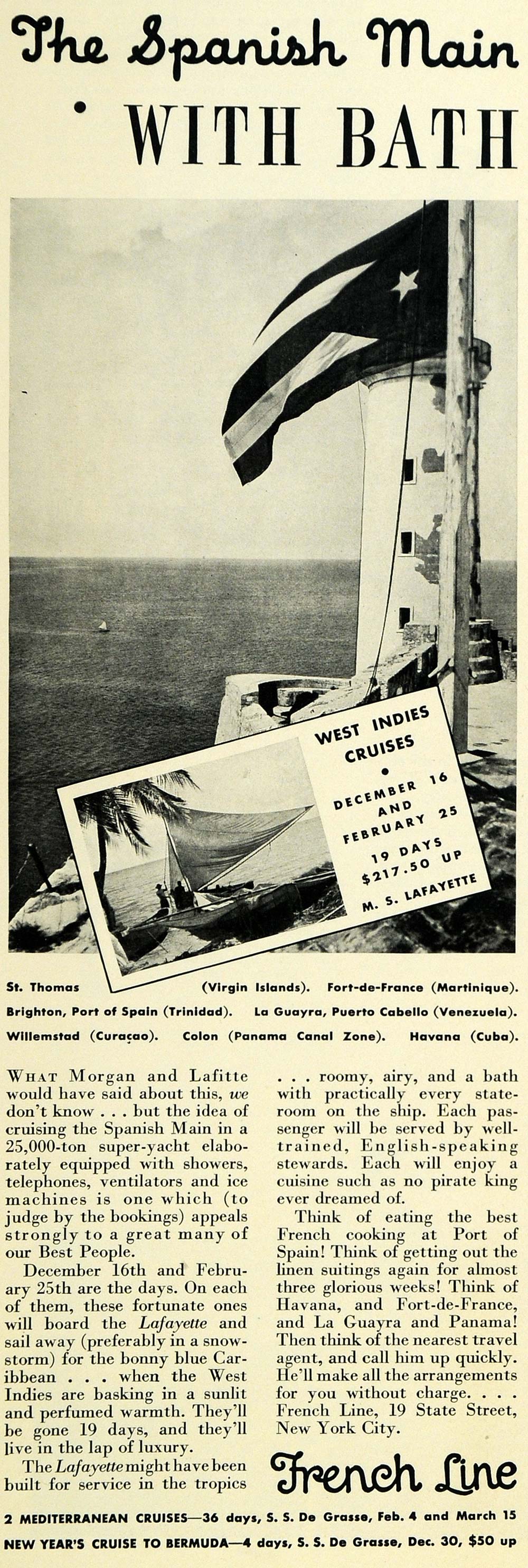 1932 Ad French Line West Indies Cruise Spanish Main Tourism Virgin Islands COL2