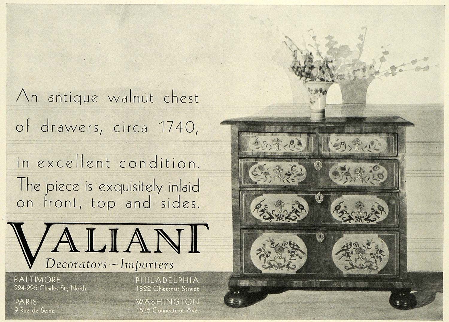 1930 Ad Antique Circa 1740 Walnut Chest Valiant Interior Decorators COL2