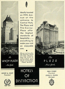 1933 Ad Henry A. Rost Savoy Plaza Hotel Buildings New York Lodging Fred COL2