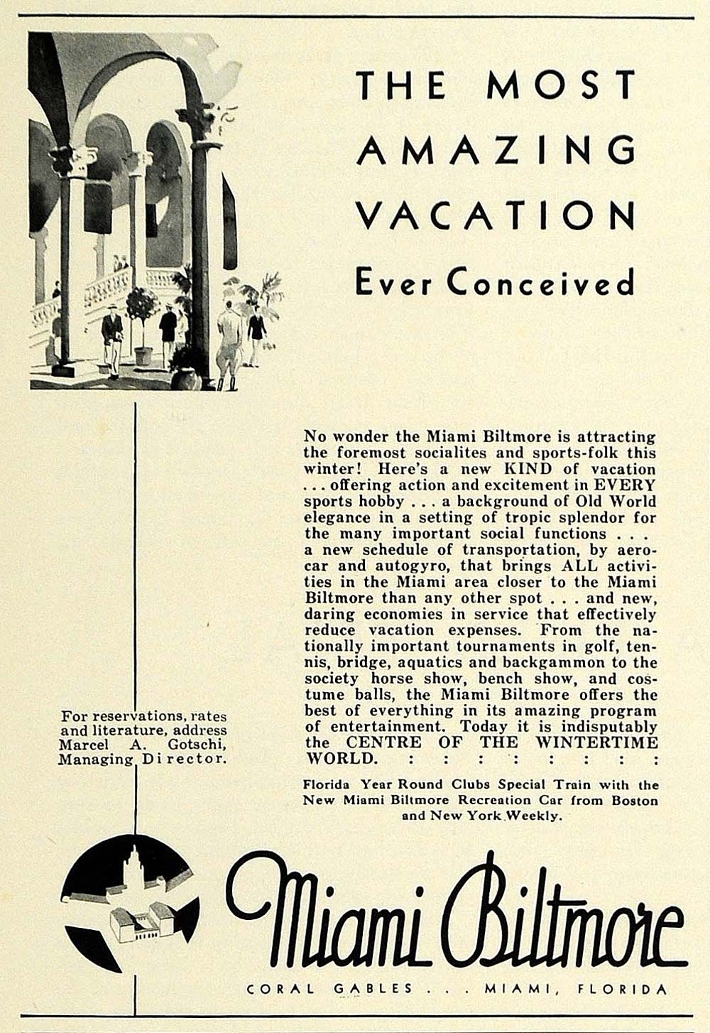 1933 Ad Miami Biltmore Hotel Coral Gables Florida Marcel A. Gotschi Lodging COL2