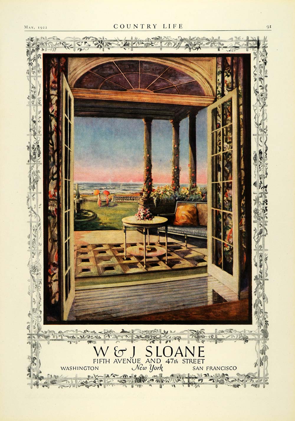 1922 Ad W J Sloane Home Furnishings Decor Linen Chintz Furniture Floor COL2