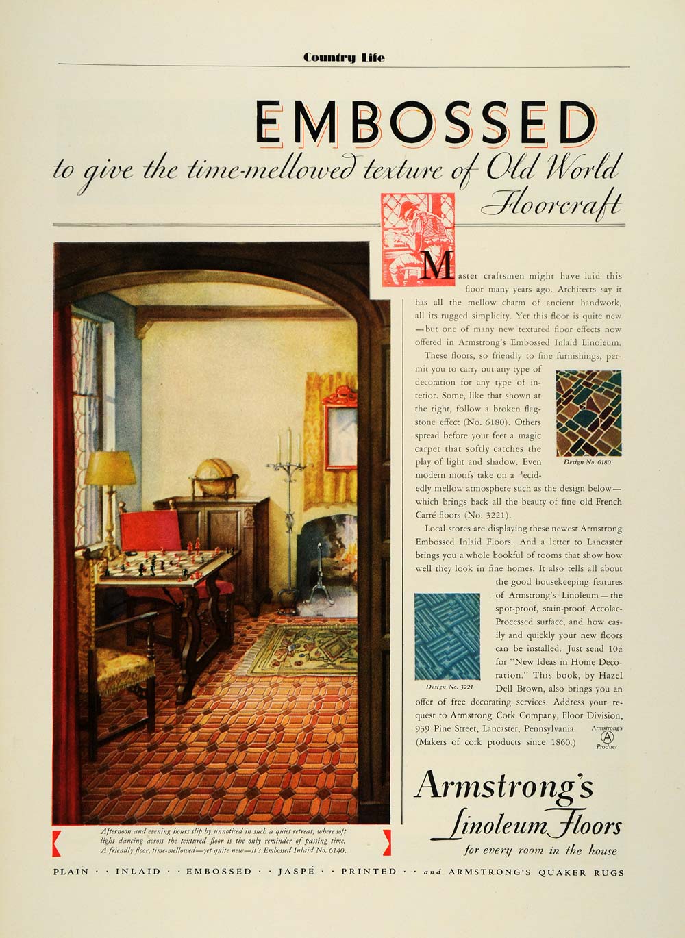1931 Ad Armstrong Cork Pennsylvania Linoleum Floors No. 6140 Desilgn Board COL2
