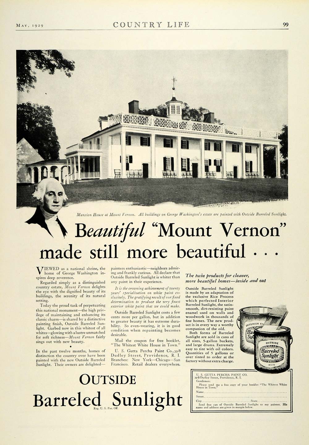 1929 Ad Barreled Sunlight Paint Mansion House Mount Vernon George COL2