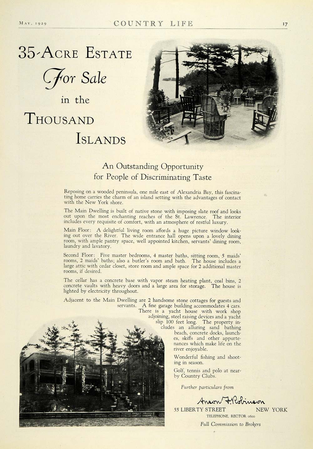 1929 Ad 35-Acre Estate Sale Alexandria Bay NY Shore House Realty Stone COL2