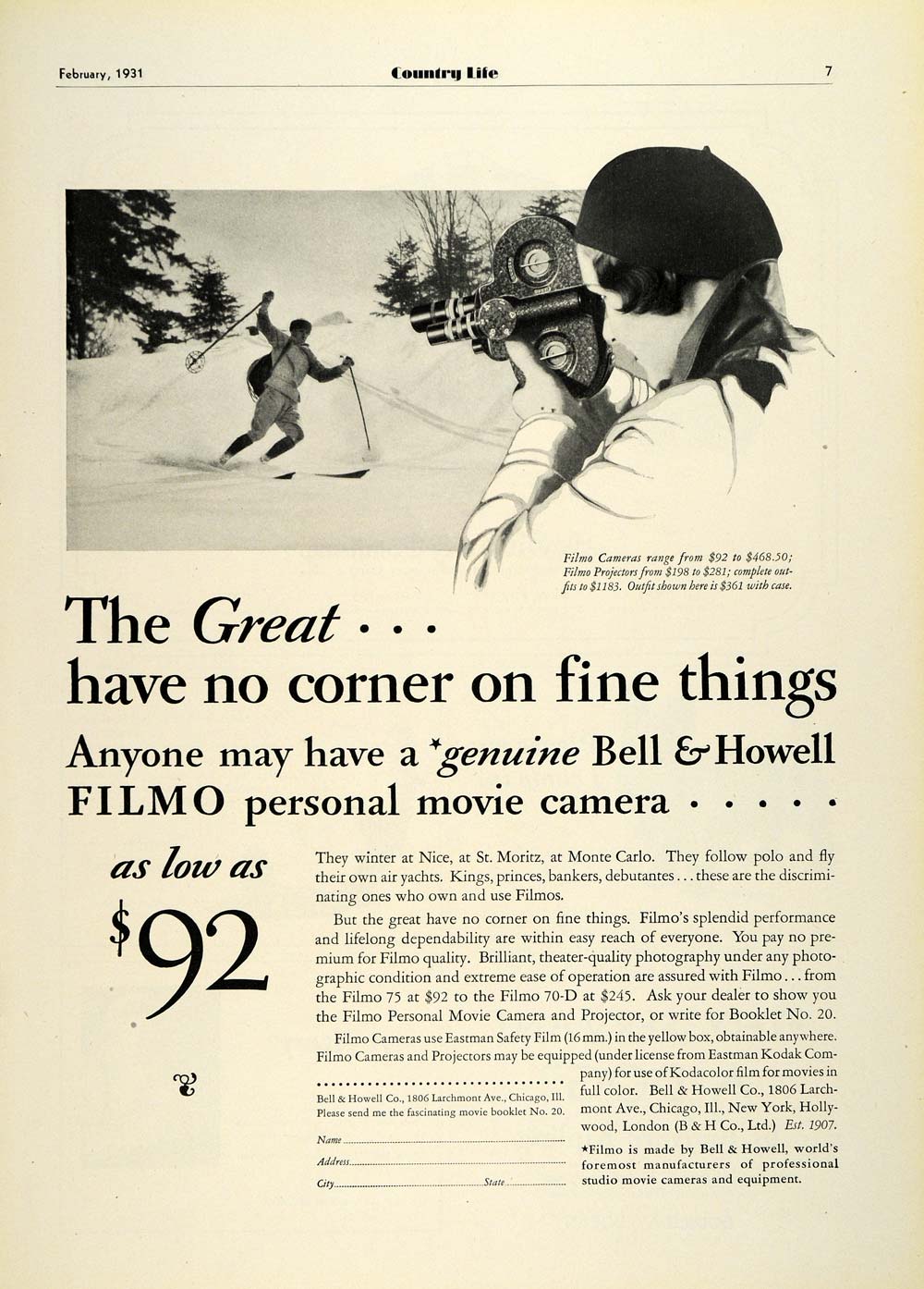 1931 Ad Bell & Howell Skiing Filmo Cameras Projectors St Moritz Monte Carlo COL2