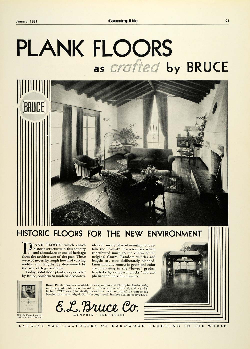 1931 Ad E L Bruce Co Plank Floor Cellized Oak Walnut Living Room Interior COL2