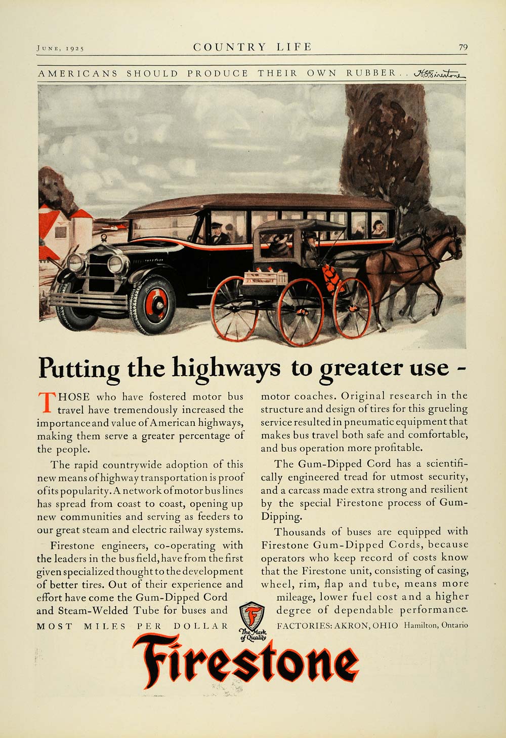 1925 Ad Firestone Gum-Dipped Cord Steam-Welded Tube Auto Tires Carriage COL2