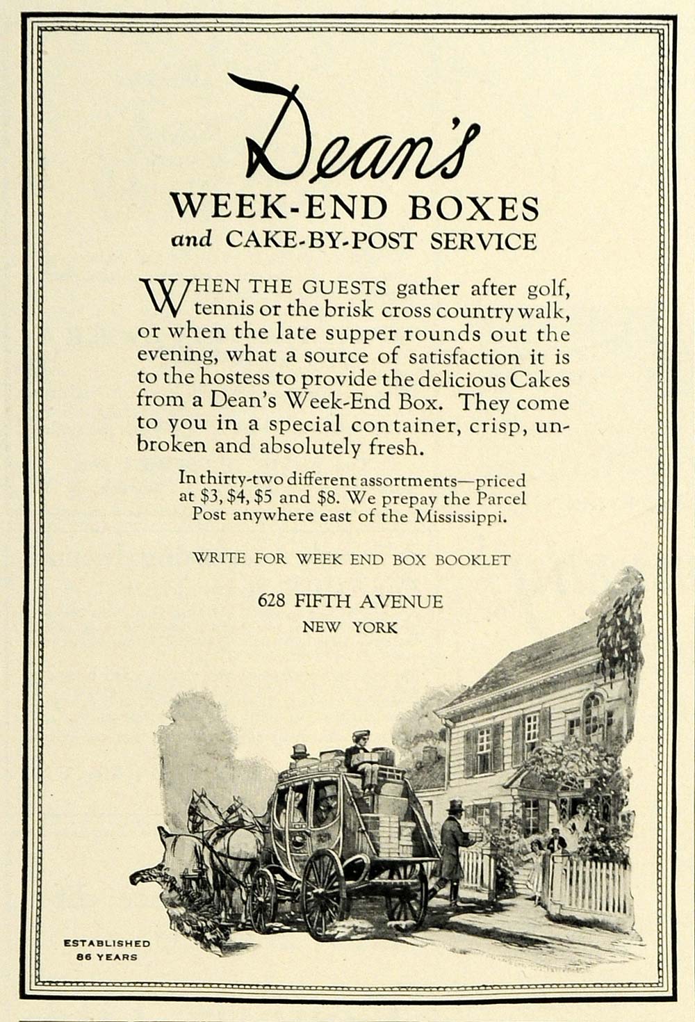 1925 Ad Dean's Week-End Boxes Cake Baking Sweets Food Horse Carriage New COL2