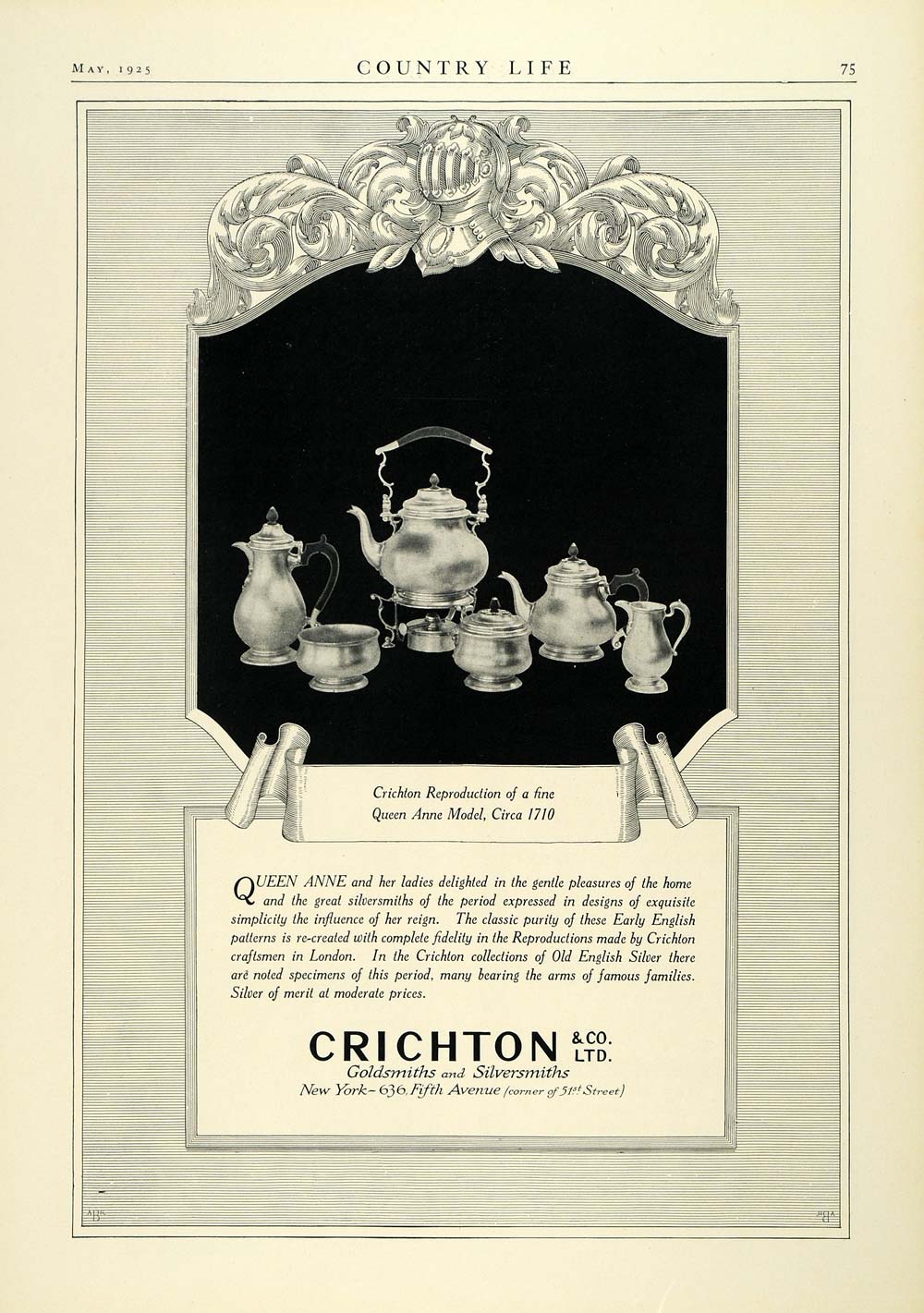 1925 Ad Crichton & Co Ltd Queen Anne Model Circa 1710 Reproduction COL2