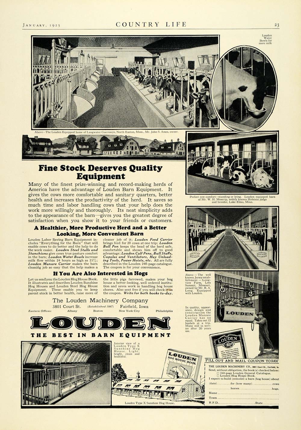 1925 Ad Louden Equipment Langwater Guernseys Easton John S Ames Cattle Barn COL2