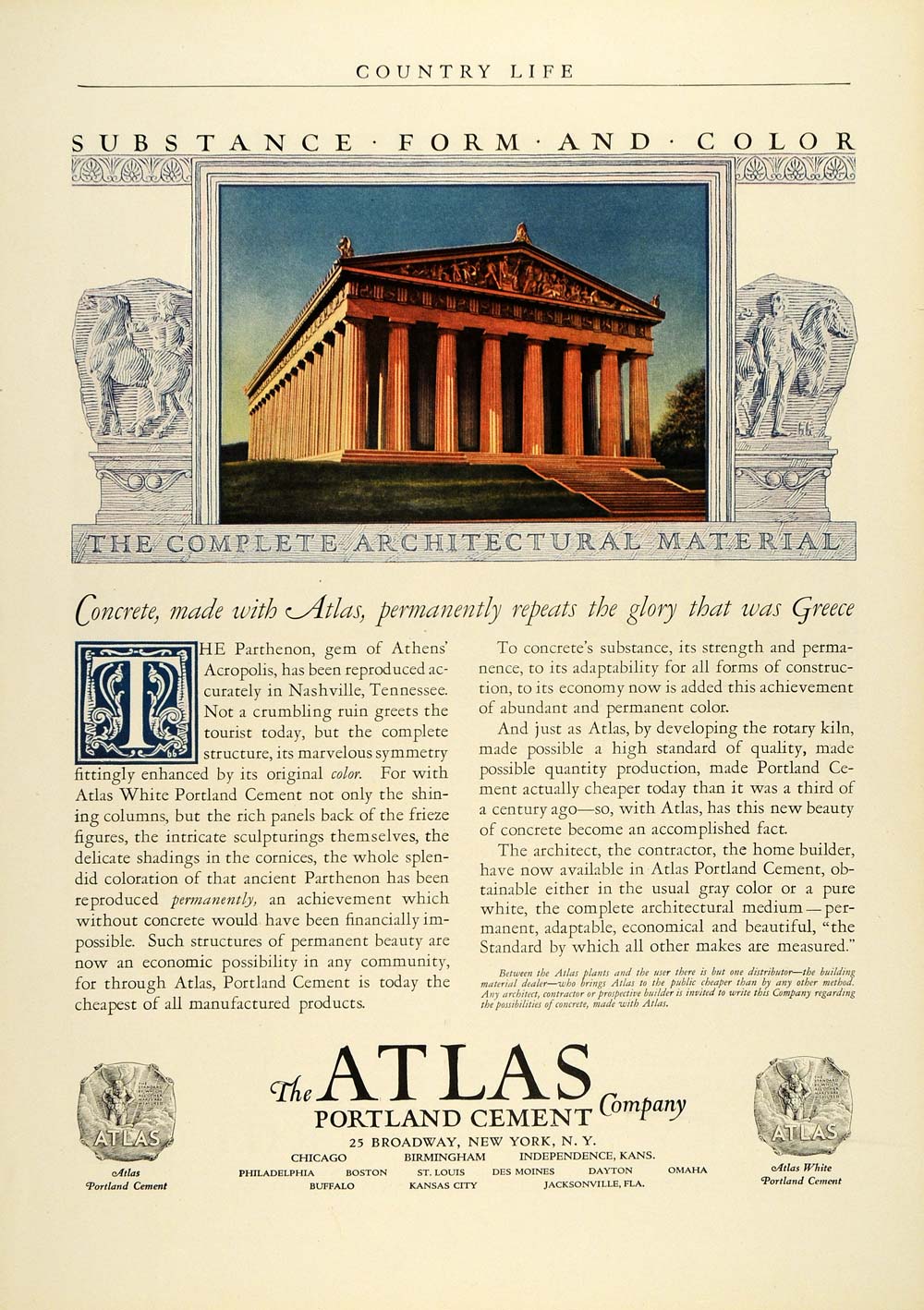 1925 Ad Atlas Portland Cement Co Broadway New York Parthenon Building COL2