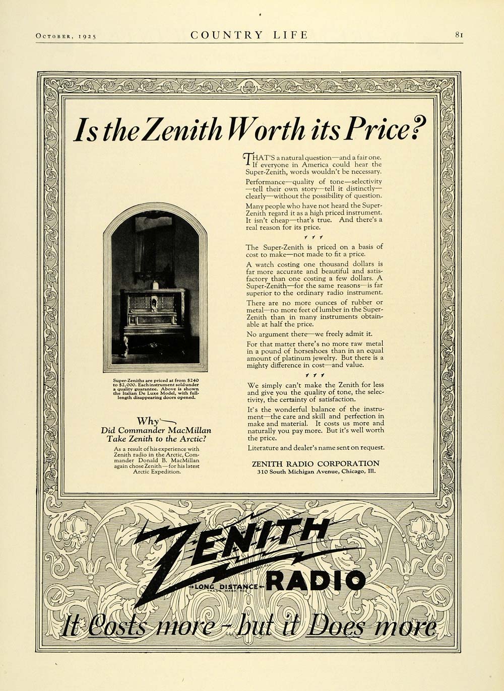 1925 Ad Zenith Radio Italian De Luxe Model Music Player Antique Chicago COL2