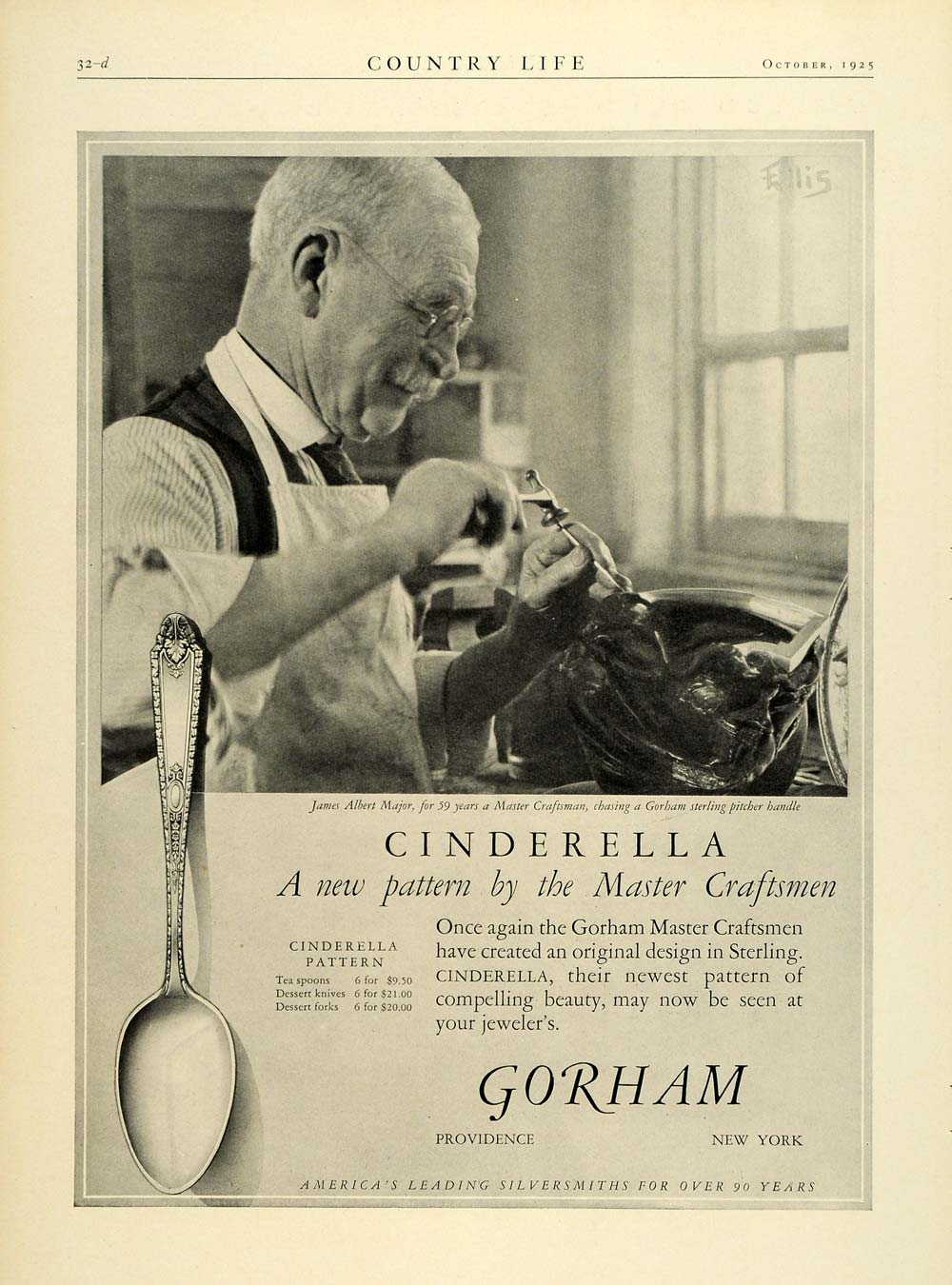 1925 Ad Gorham Cinderella Silverware Metal James Major Pattern Spoon COL3