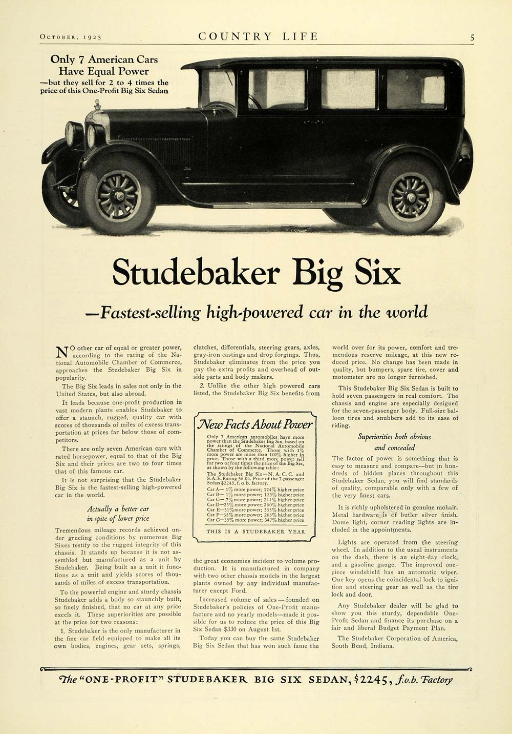 1925 Ad Studebaker Six Car Sedan Automobile Vehicle Transportation Pricing COL3
