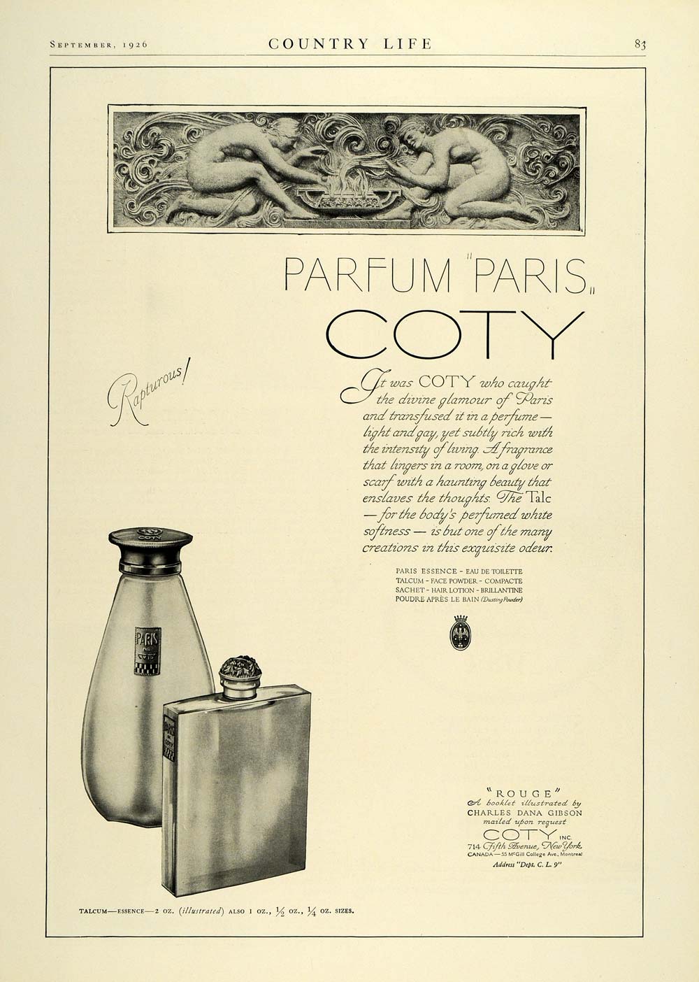 1926 Ad Coty Parfum Paris France Rouge Charles Gibson Sculpture Nude COL3