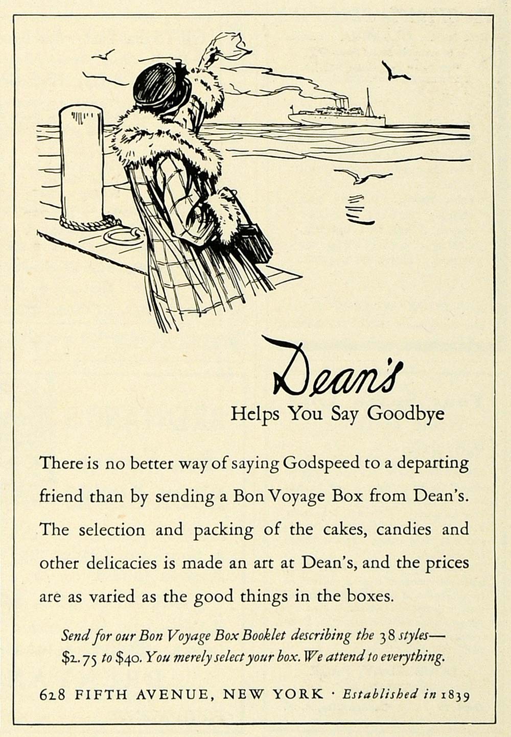 1925 Ad Deans Bon Voyage Cruise Ship Gift Box Cake Candy Delicacies Pricing COL3