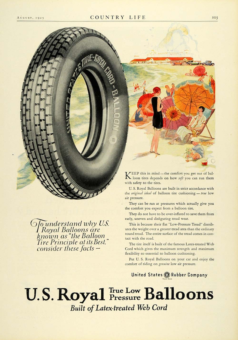 1925 Ad U. S. Royal Balloon Latex Web Cord Tires Art Deco Beach Flapper COL3