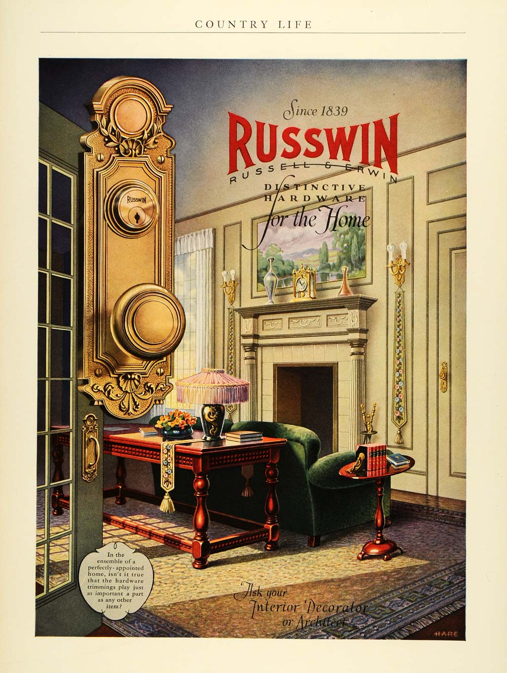 1927 Ad Russell Erwin Russwin Hardware Decorative Door Knobs Interior COL3