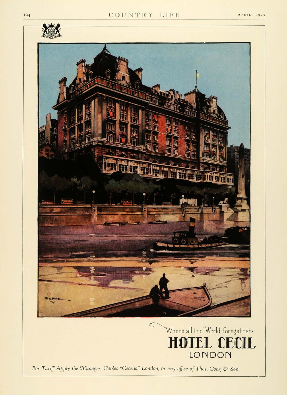 安西水丸 版画作品(Shelton Hotel) 1927 Ad Historic Hotel Cecil London Wrenaissance Architecture