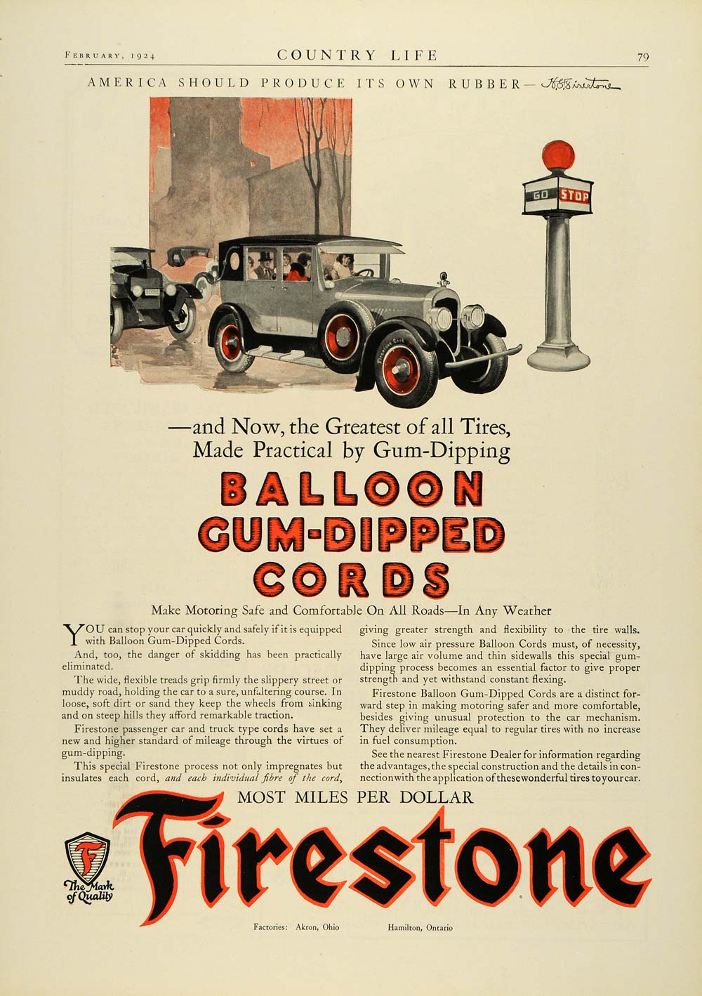 1924 Ad Firestone Balloon Gum Dipped Cord Tires Antique Car Street Traffic COL3