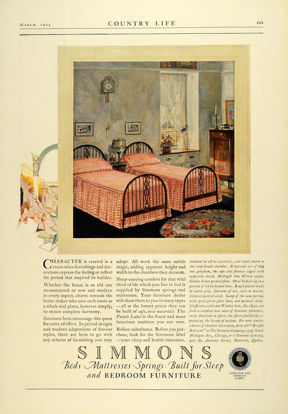 1924 Ad Simmons Bedding Mattress Furniture Twin Beds Home Decor Furnishings COL3