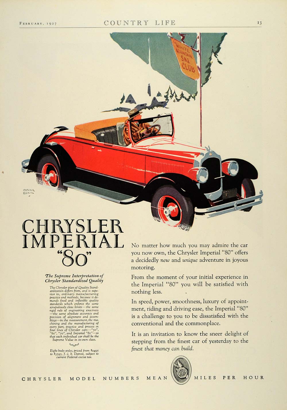 1927 Ad Antique Chrysler Imperial 80 Sports Convertible White Mountain Ski COL3