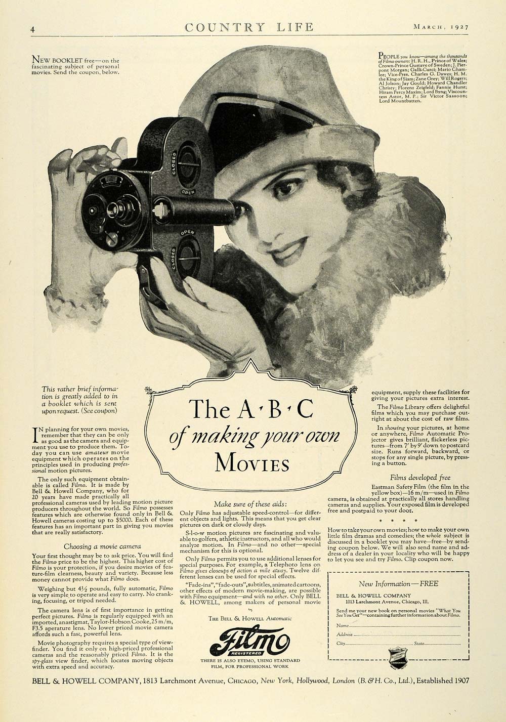 1927 Ad Bell Howell Filmo Antique Movie Camcorder Camera Eastman Safety COL3