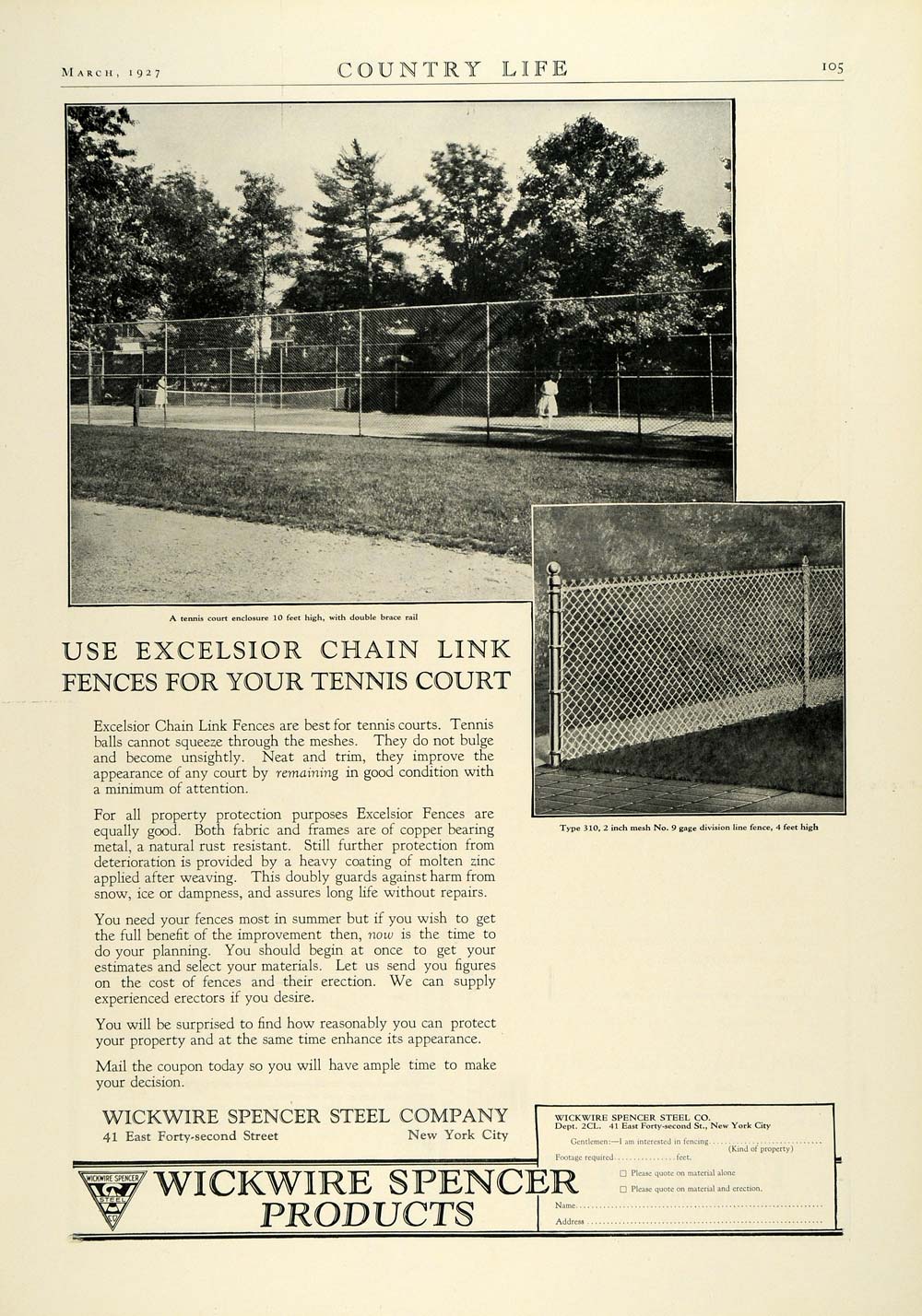 1927 Ad Wickwire Spencer Steel Tennis Court Chain Link Excelsior Fences COL3