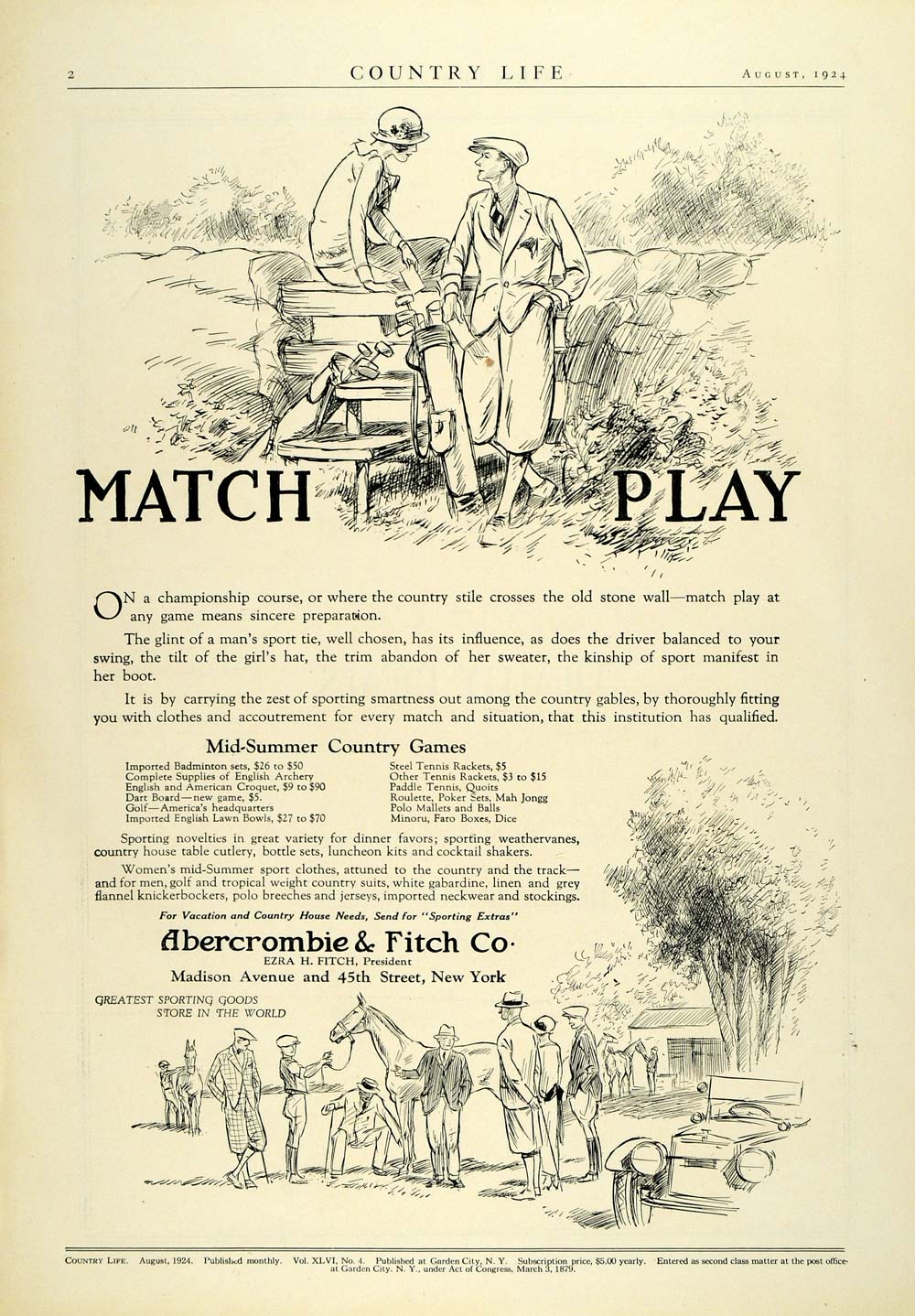 1924 Ad Abercrombie Fitch Match Play Golf Sporting Goods Fashion Badminton COL3