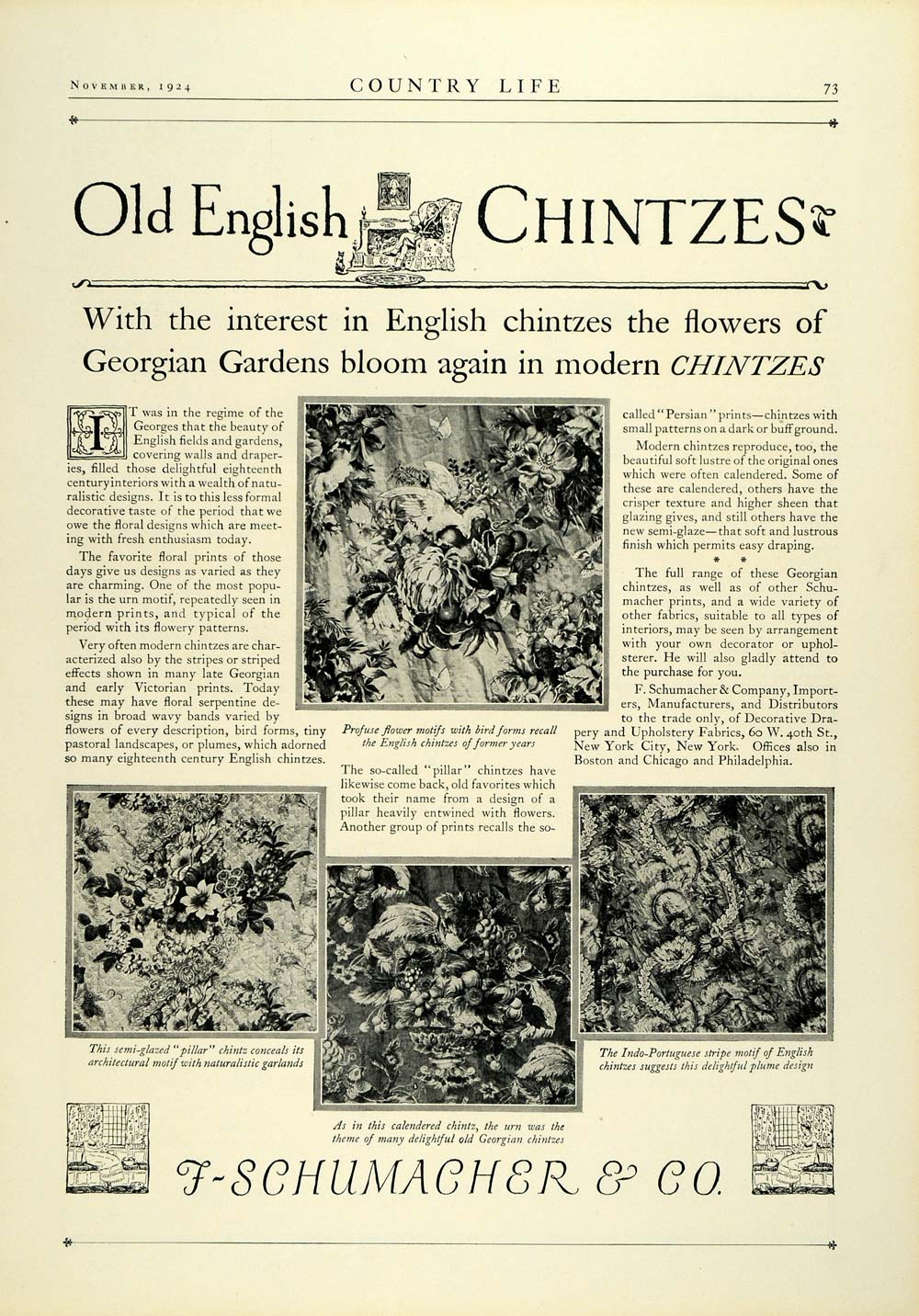 1924 Ad F Schumacher Old English Chintz Fabric Georgian Garden Floral COL3