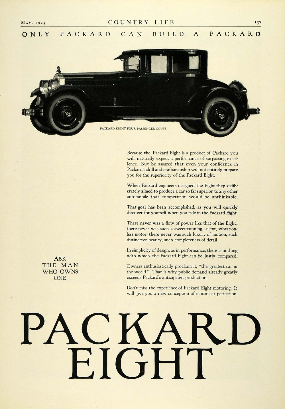 1924 Ad Antique Enclosed Packard Eight Coupe Automobile American Motor Car COL3