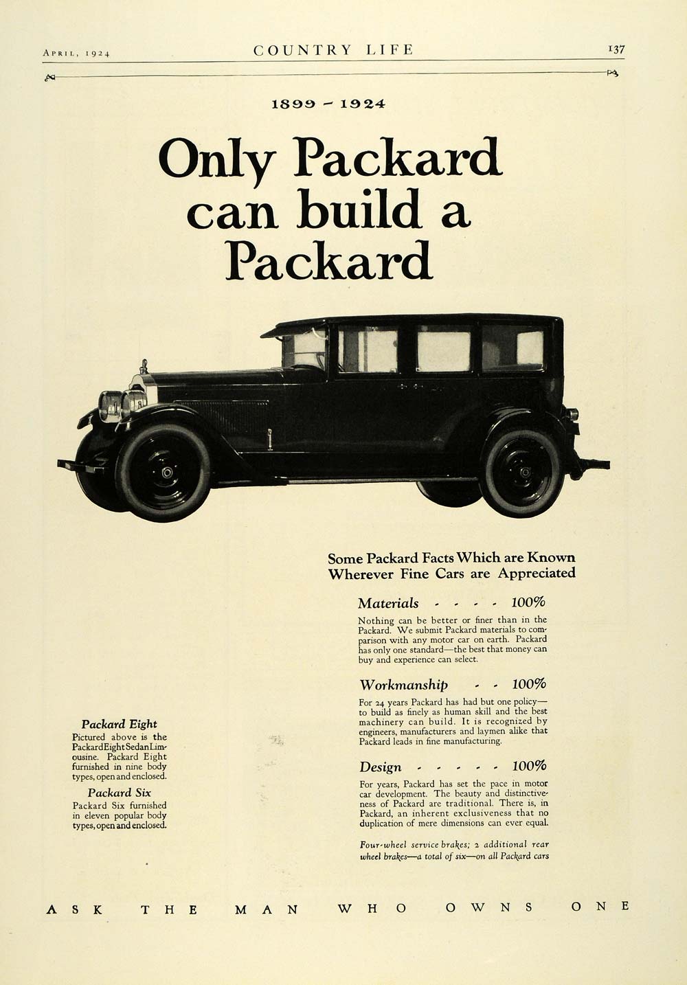 1924 Ad Antique Enclosed Packard Eight Six Sedan Luxury American COL3