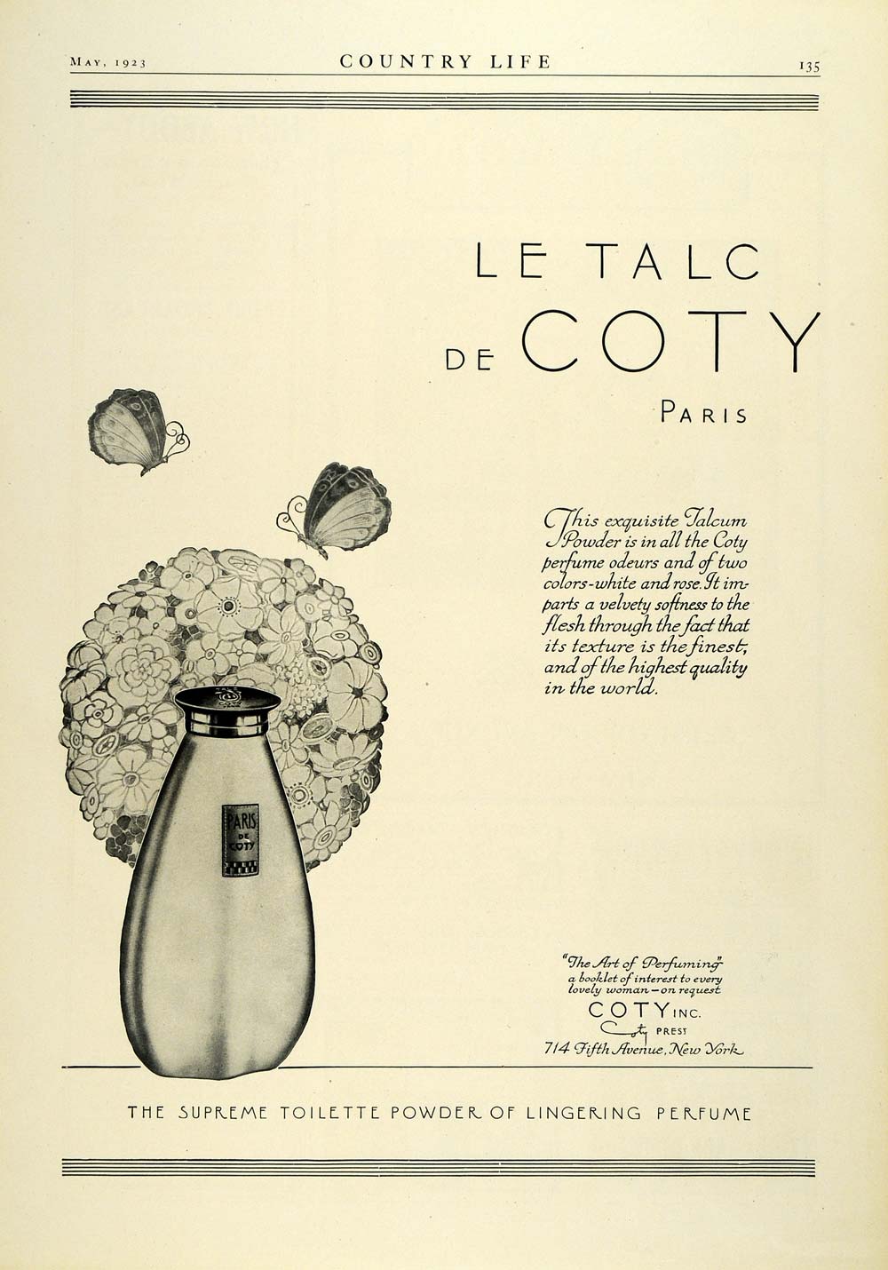 1923 Ad Paris French Talc Coty Talcum Powder Bottle Toiletries Health COL3